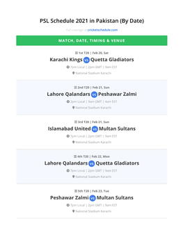 PSL Schedule 2021 in Pakistan (By Date)