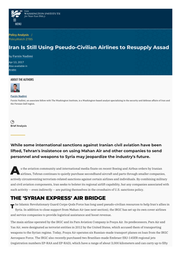 Iran Is Still Using Pseudo-Civilian Airlines to Resupply Assad by Farzin Nadimi