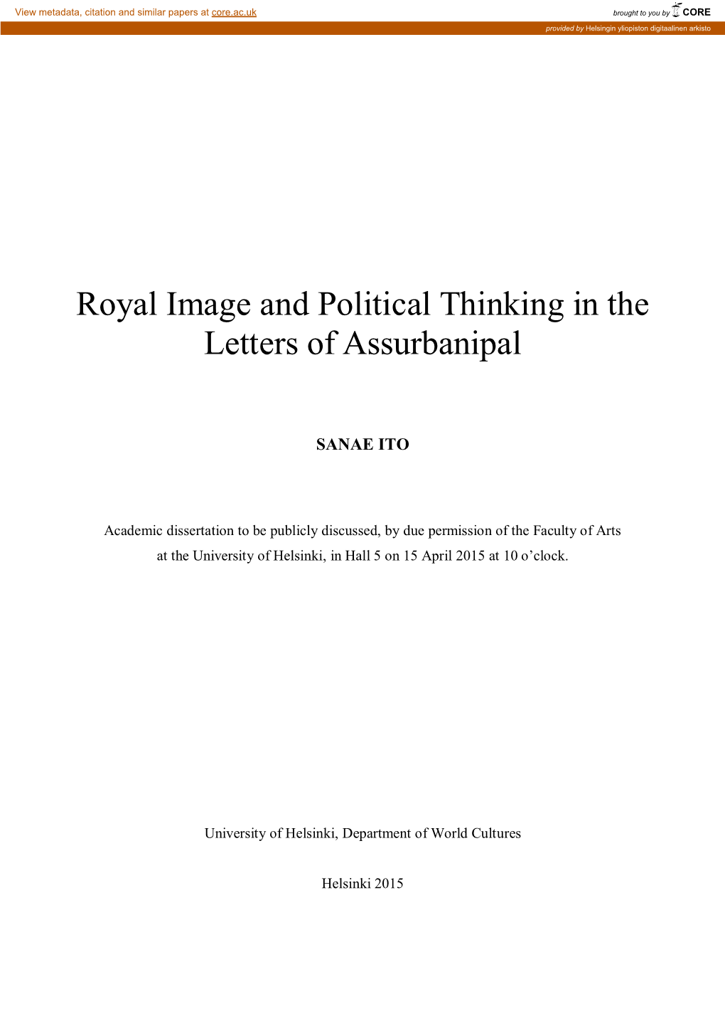 Royal Image and Political Thinking in the Letters of Assurbanipal