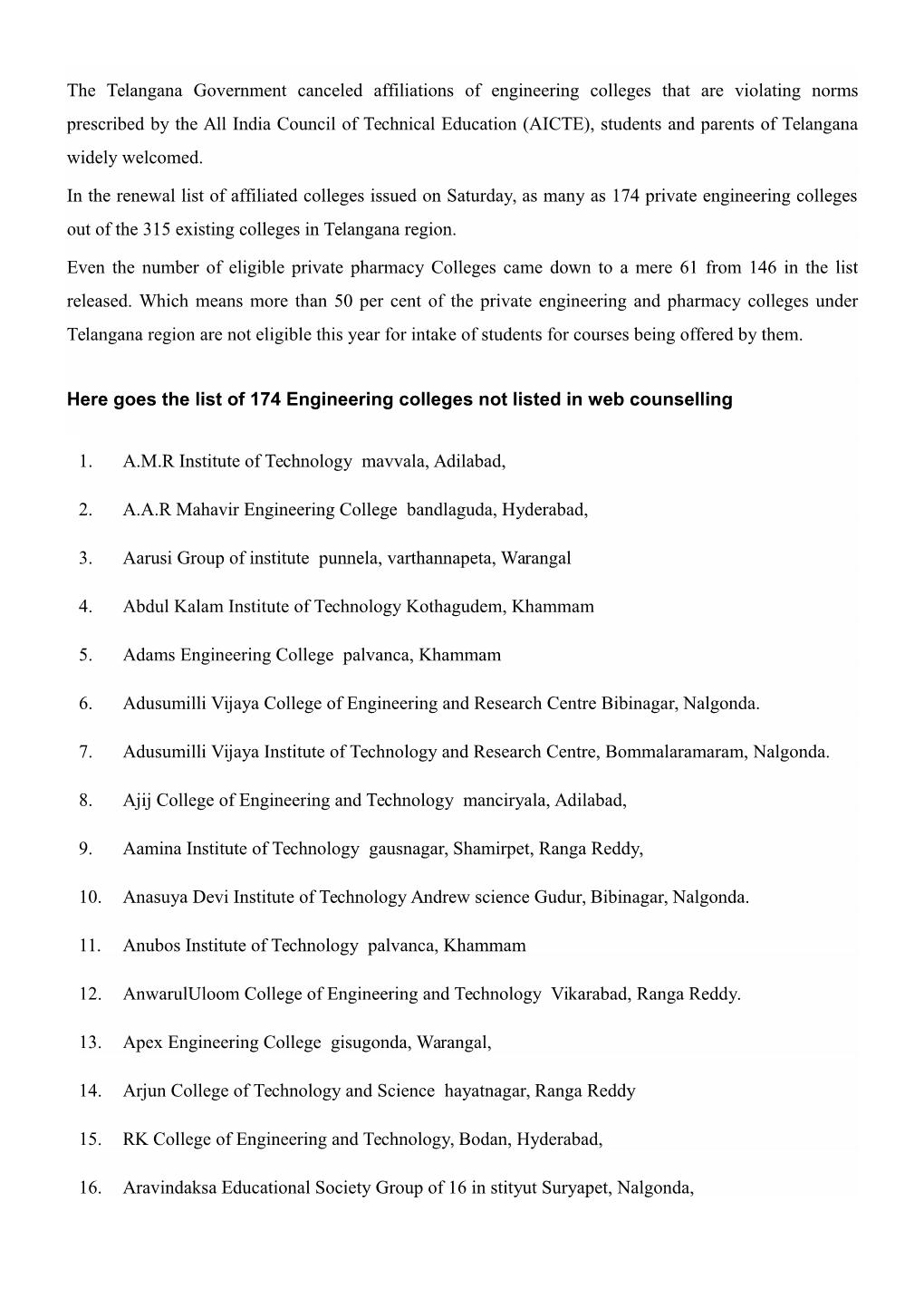 The Telangana Government Canceled Affiliations of Engineering Colleges