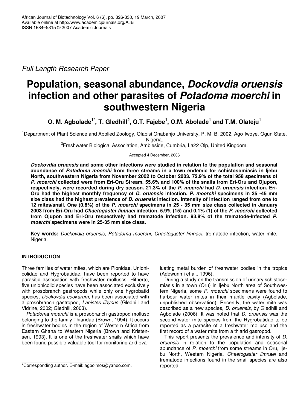 Population, Seasonal Abundance, Dockovdia Oruensis Infection and Other Parasites of Potadoma Moerchi in Southwestern Nigeria