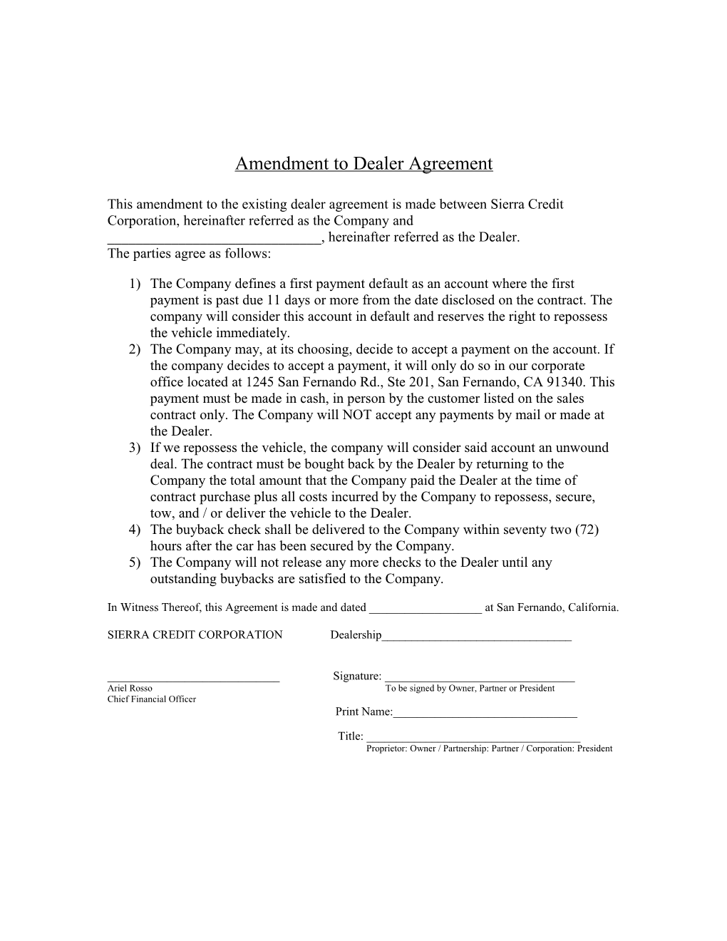 Amendment to Dealer Agreement