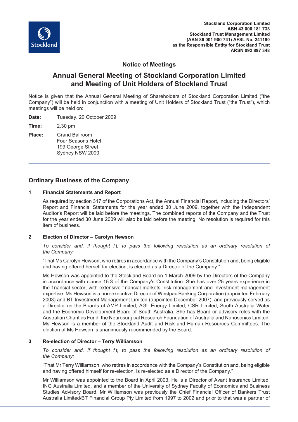 Annual General Meeting of Stockland Corporation Limited and Meeting of Unit Holders of Stockland Trust