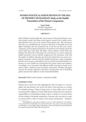 WOMEN POLITICAL PARTICIPATION in the ERA of PROPHET MUHAMMAD: Study on the Hadith Transmitters of the Women Companions
