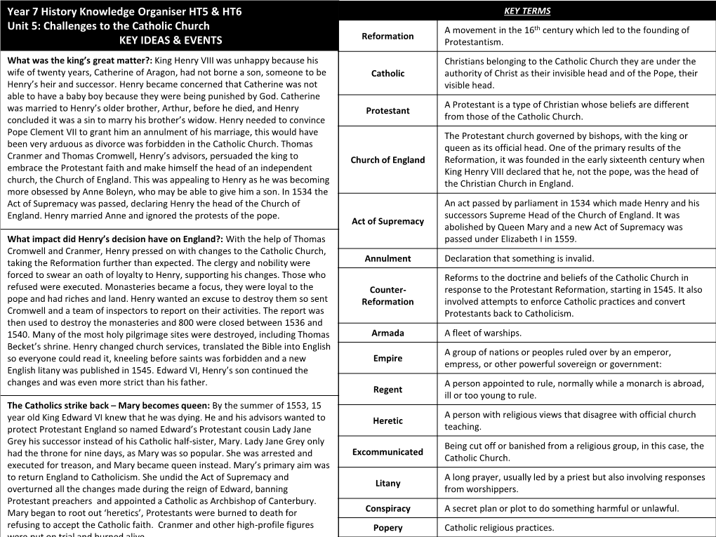 Year 7 History Knowledge Organiser HT5 & HT6 Unit 5: Challenges