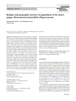Refugia and Geographic Barriers of Populations of the Desert Poppy, Hunnemannia Fumariifolia (Papaveraceae)