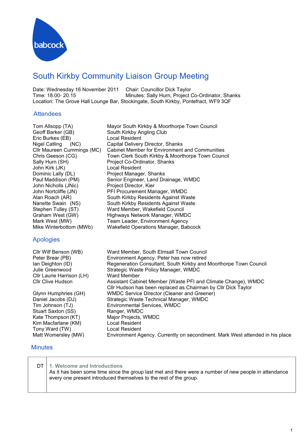 South Kirkby Community Liaison Group Meeting