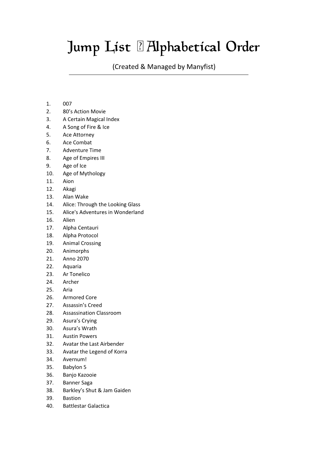 Jump List • Alphabetical Order (Created & Managed by Manyfist)