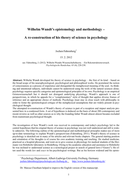 Wilhelm Wundt's Epistemology and Methodology – a Re-Construction of His Theory of Science in Psychology