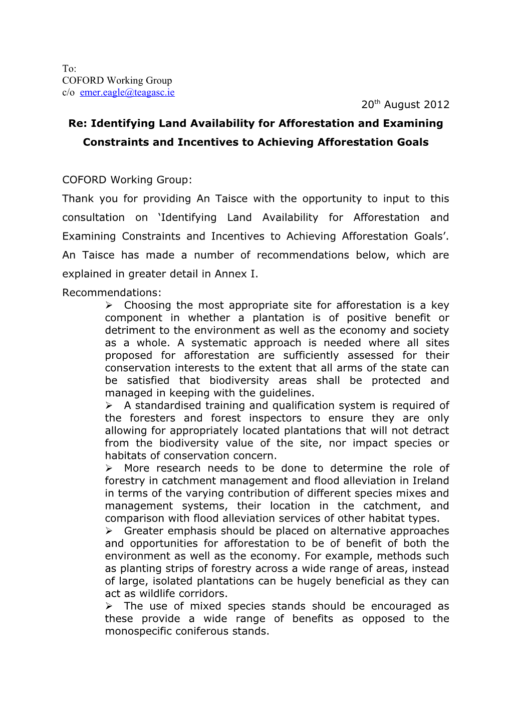 Re: Identifying Land Availability for Afforestation and Examining Constraints and Incentives