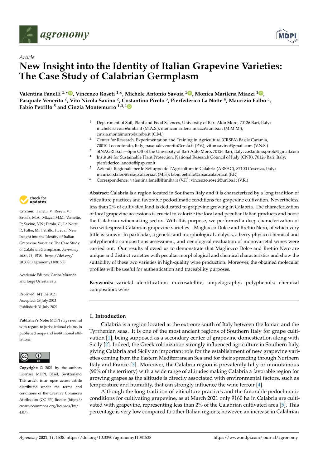 New Insight Into the Identity of Italian Grapevine Varieties: the Case Study of Calabrian Germplasm