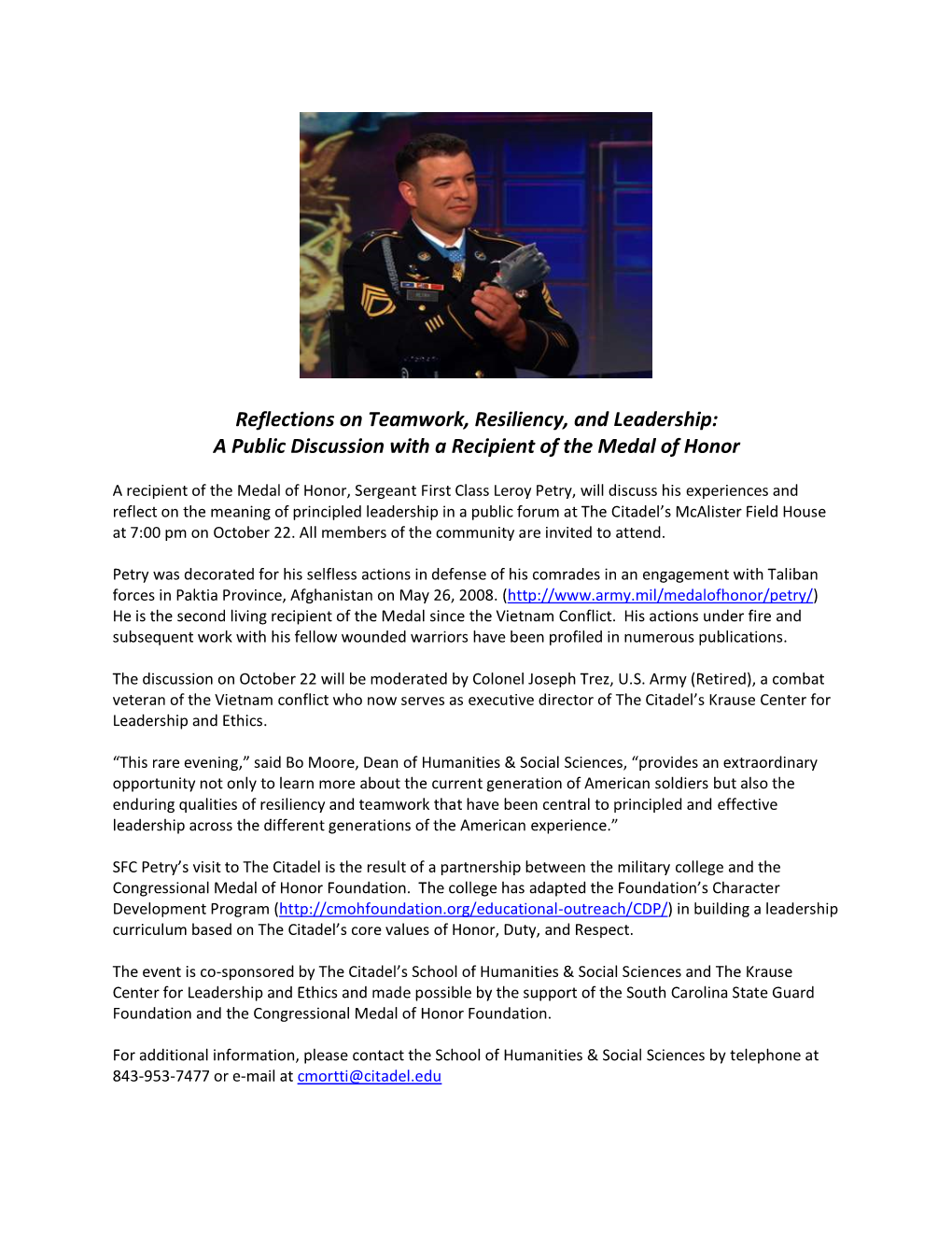 Reflections on Teamwork, Resiliency, and Leadership: a Public Discussion with a Recipient of the Medal of Honor