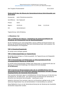 Amt Torgelow-Ferdinandshof 30.10.2019 Niederschrift Über Die