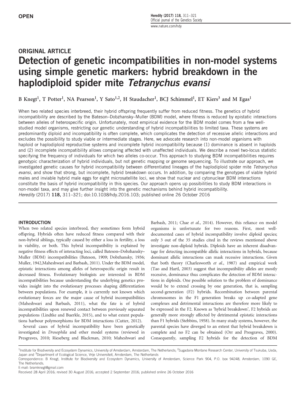 Detection of Genetic Incompatibilities in Non-Model Systems Using Simple Genetic Markers: Hybrid Breakdown in the Haplodiploid Spider Mite Tetranychus Evansi