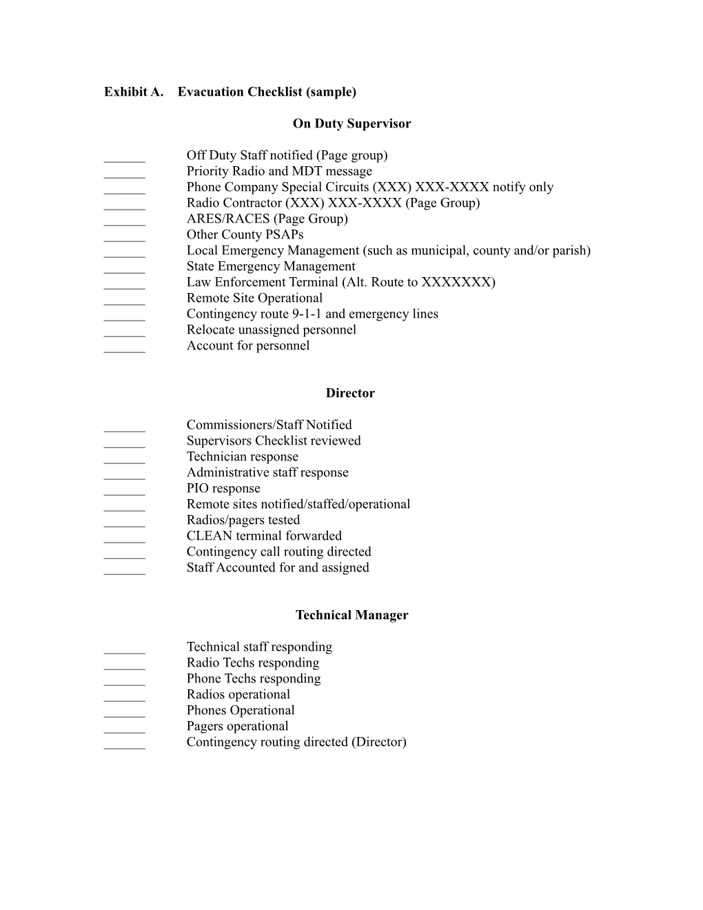 Exhibit A. Evacuation Checklist (Sample)