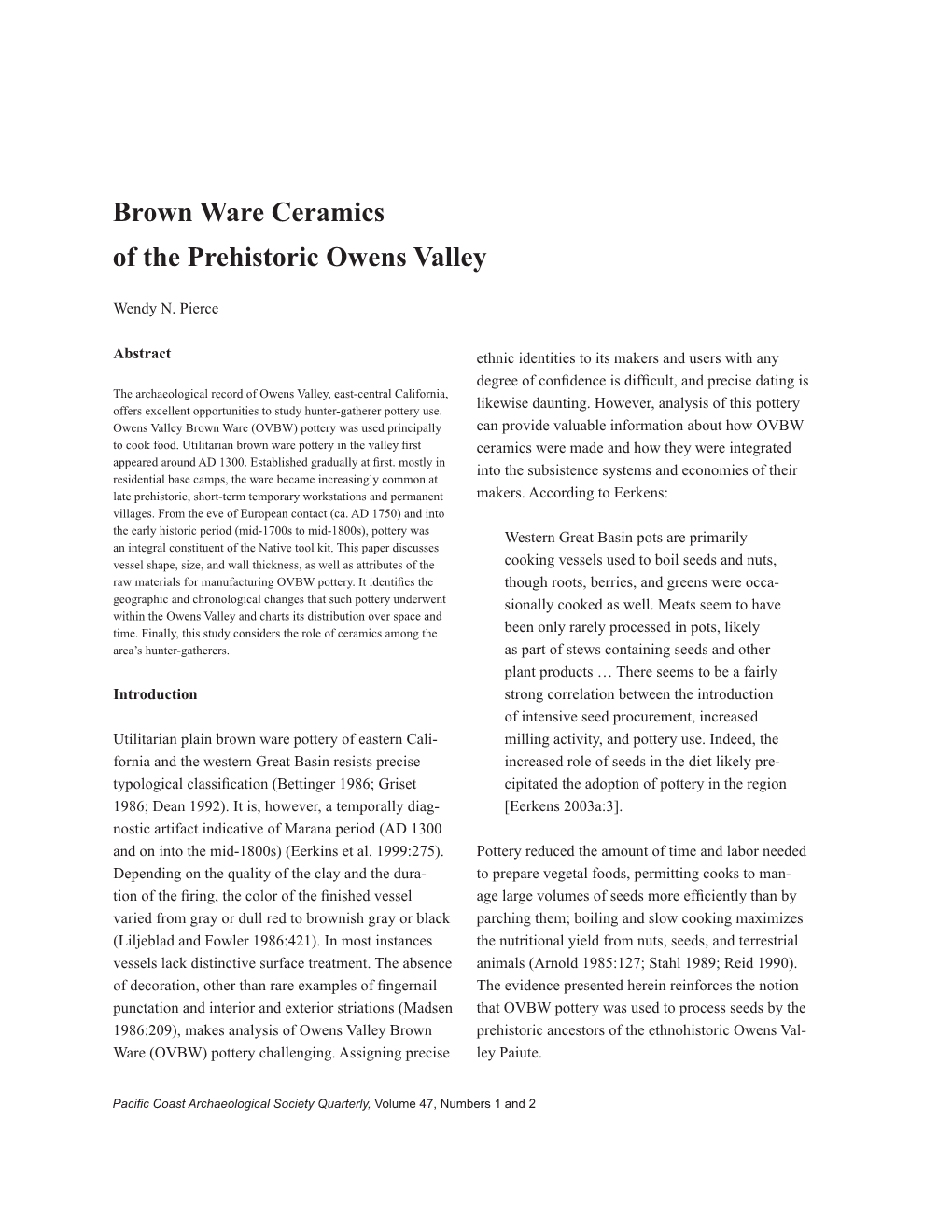 Brown Ware Ceramics of the Prehistoric Owens Valley