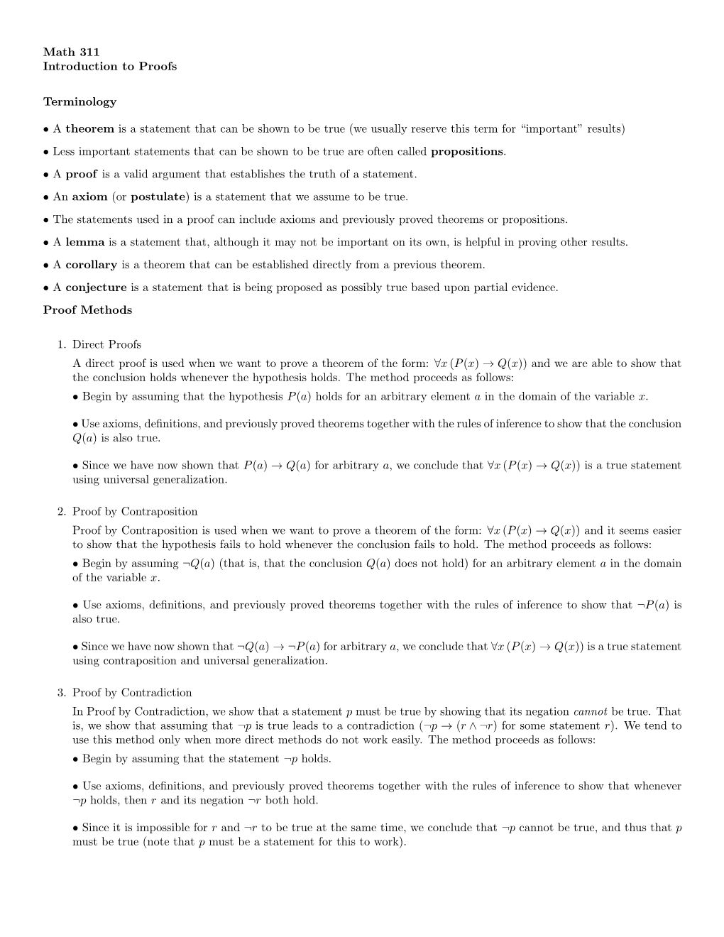 Math 311 Introduction to Proofs Terminology • a Theorem Is A