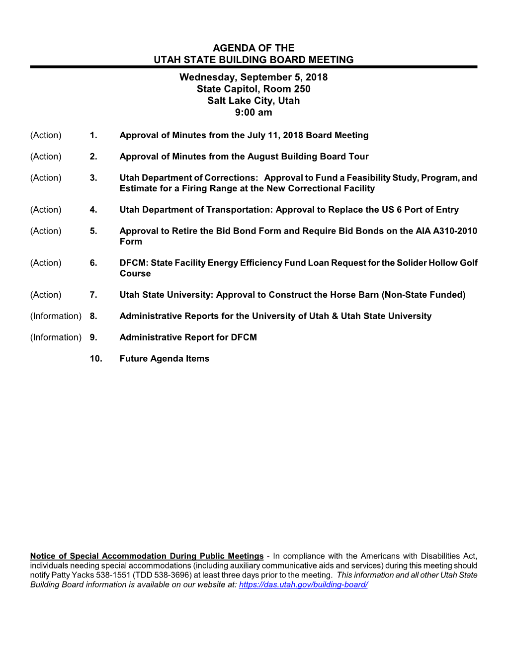Agenda of the Utah State Building Board Meeting