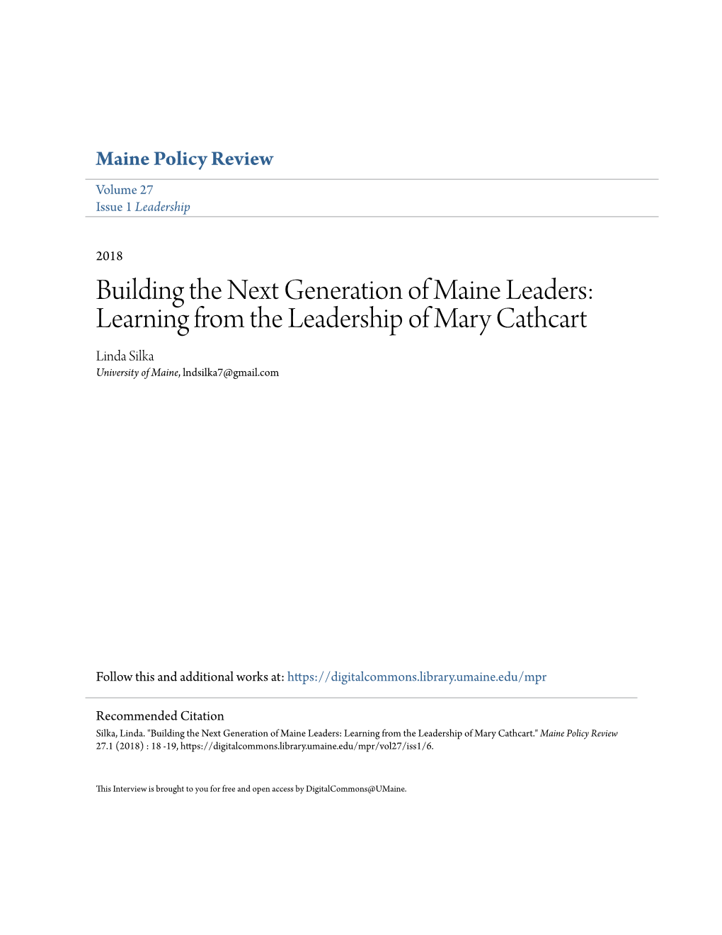 Learning from the Leadership of Mary Cathcart Linda Silka University of Maine, Lndsilka7@Gmail.Com