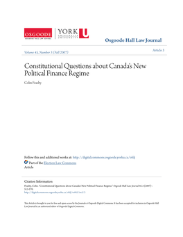 Constitutional Questions About Canada's New Political Finance Regime Colin Feasby