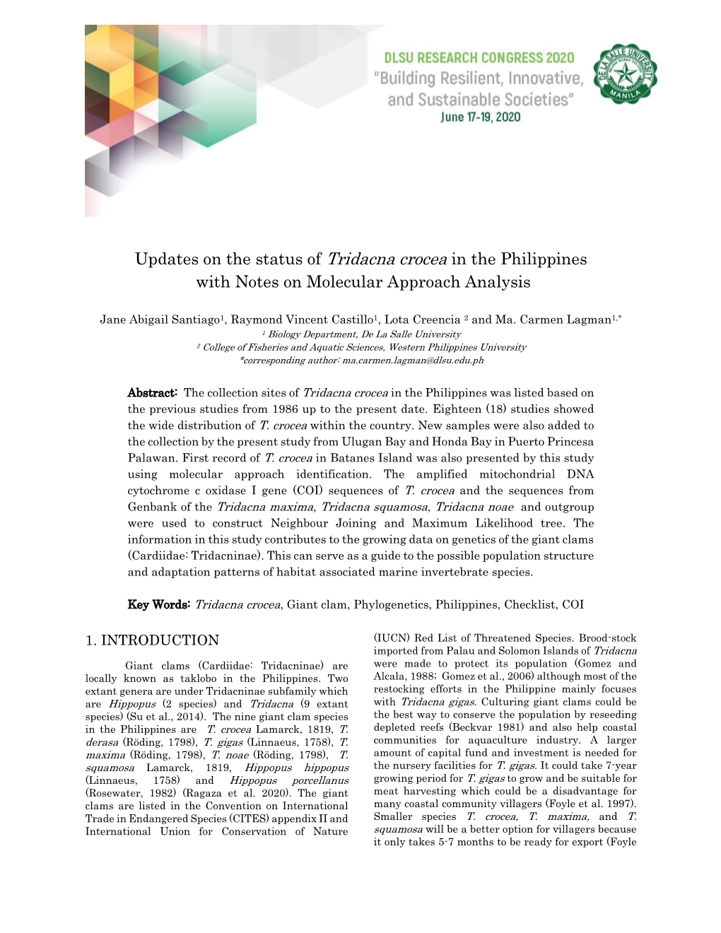 Updates on the Status of Tridacna Crocea in the Philippines with Notes on Molecular Approach Analysis