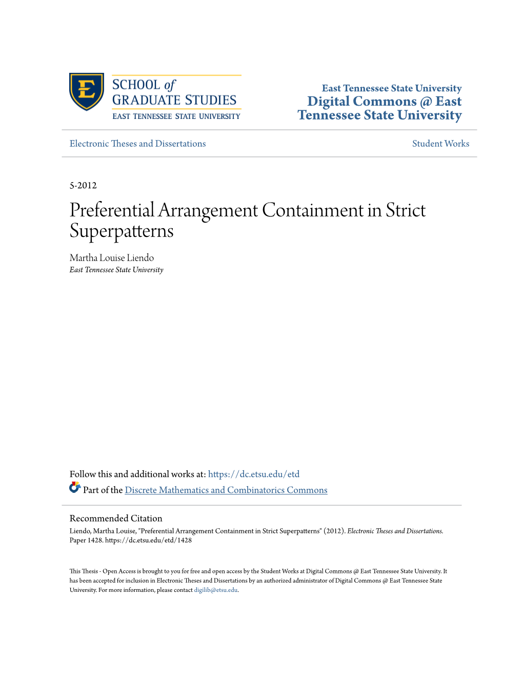 Preferential Arrangement Containment in Strict Superpatterns Martha Louise Liendo East Tennessee State University