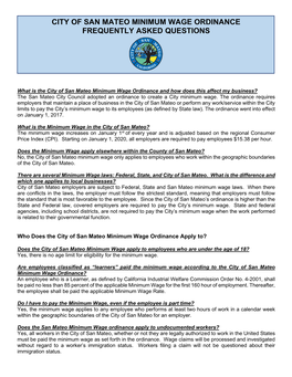 City of San Mateo Minimum Wage Ordinance Frequently Asked Questions