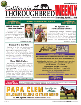 California Thoroughbred Weekly for Wednesday, 4-2-2014