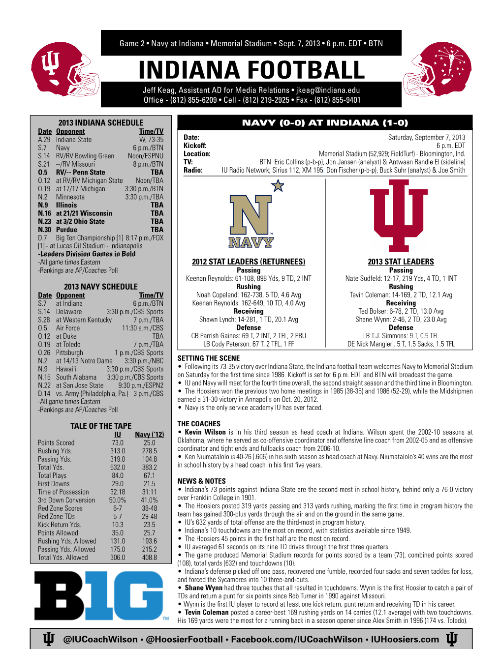 INDIANA Football Jeff Keag, Assistant AD for Media Relations • Jkeag@Indiana.Edu Office - (812) 855-6209 • Cell - (812) 219-2925 • Fax - (812) 855-9401
