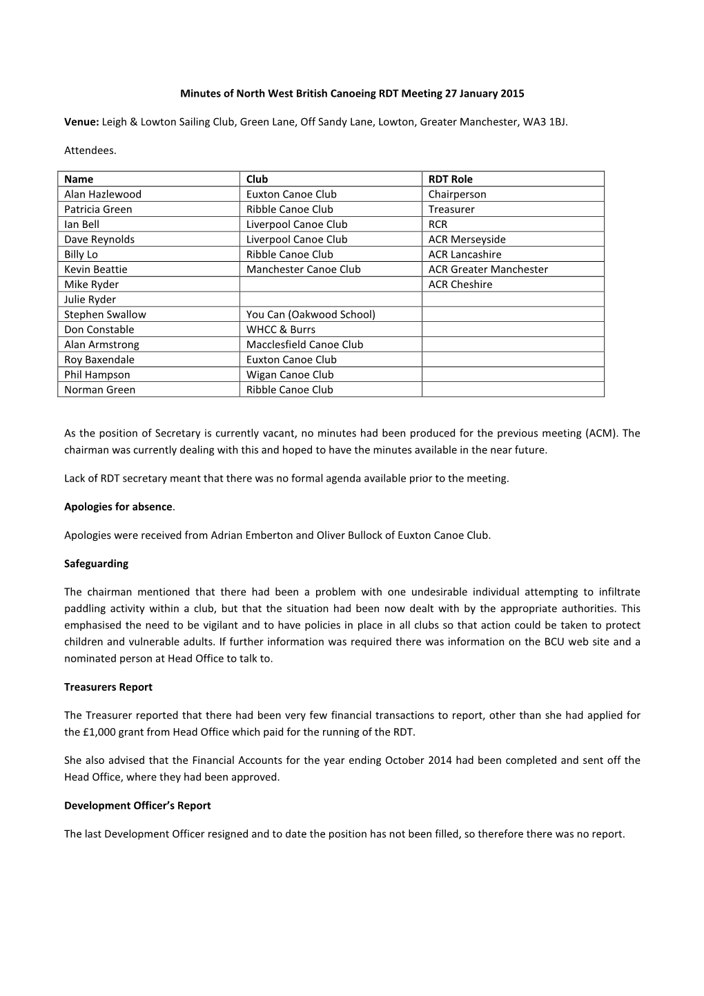 Minutes of North West British Canoeing RDT Meeting 27 January 2015