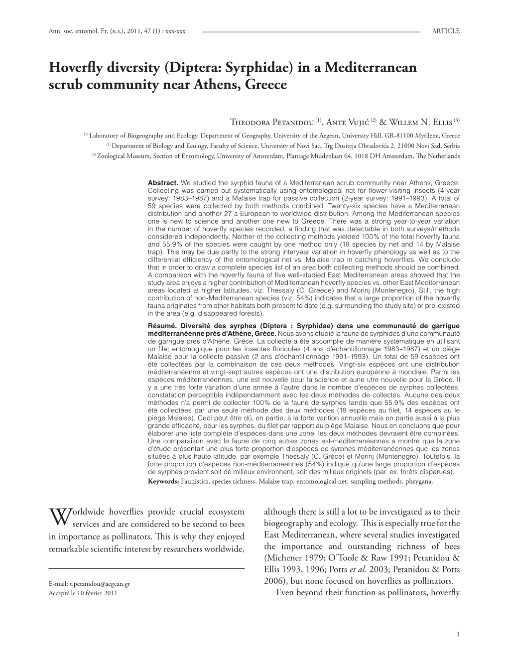 Hoverfly Diversity (Diptera: Syrphidae) in a Mediterranean Scrub