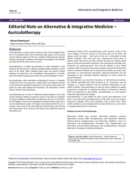 Editorial Note on Alternative & Integrative Medicine