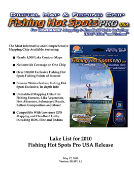 Lake List for 2010 Fishing Hot Spots Pro USA Release