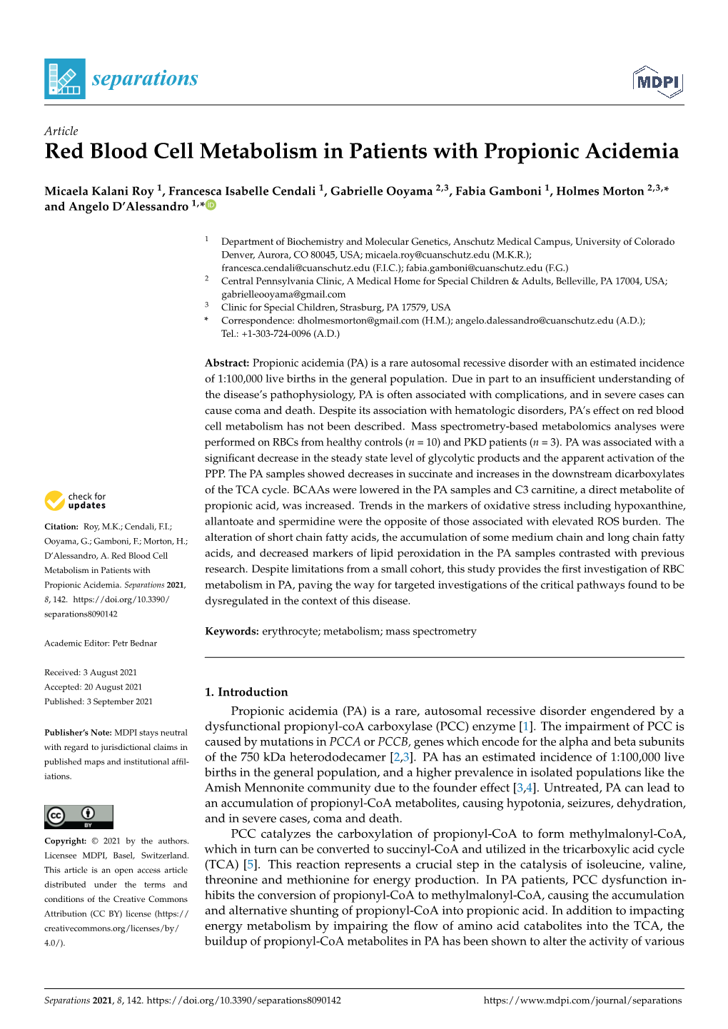 Red Blood Cell Metabolism in Patients with Propionic Acidemia