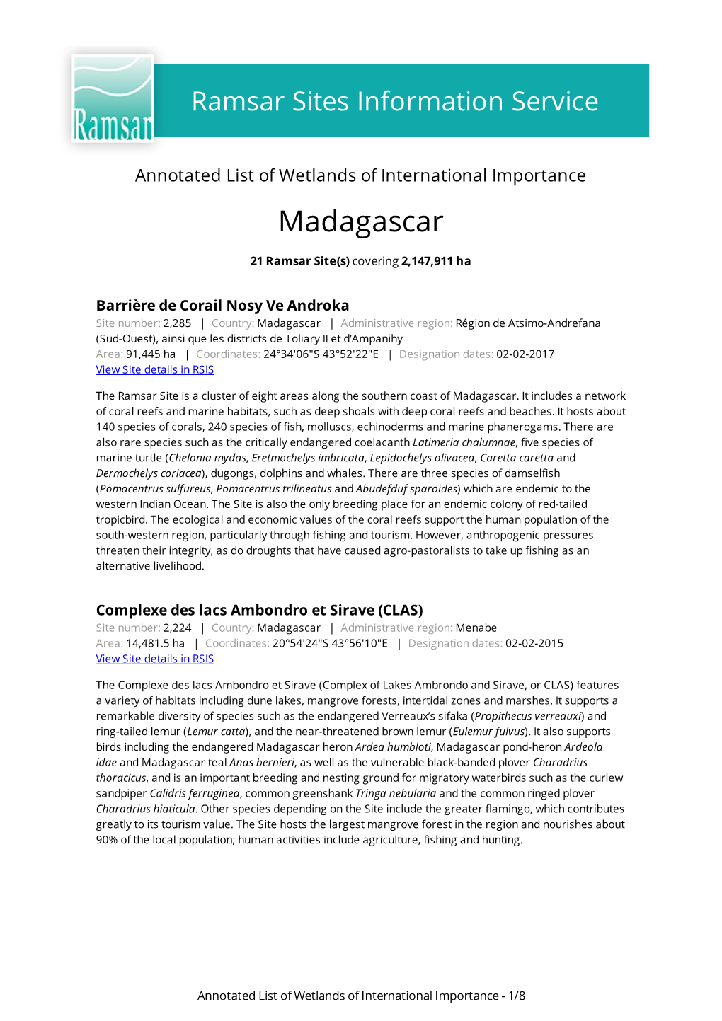 Annotated List of Wetlands of International Importance Madagascar