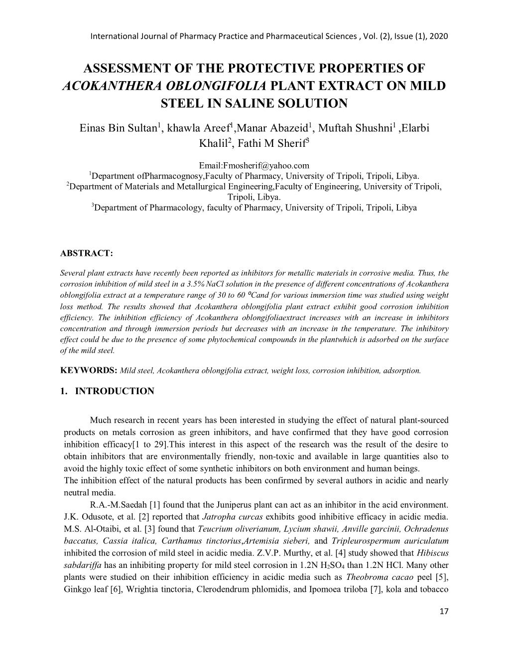 Assessment of the Protective Properties of Acokanthera Oblongifolia Plant Extract on Mild Steel in Saline Solution