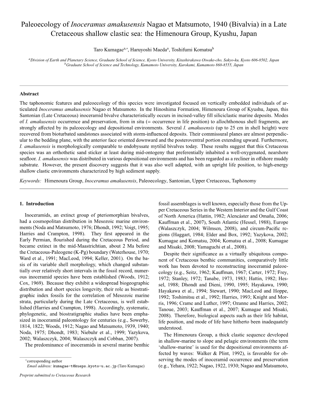 (Bivalvia) in a Late Cretaceous Shallow Clastic Sea: the Himenoura Group, Kyushu, Japan