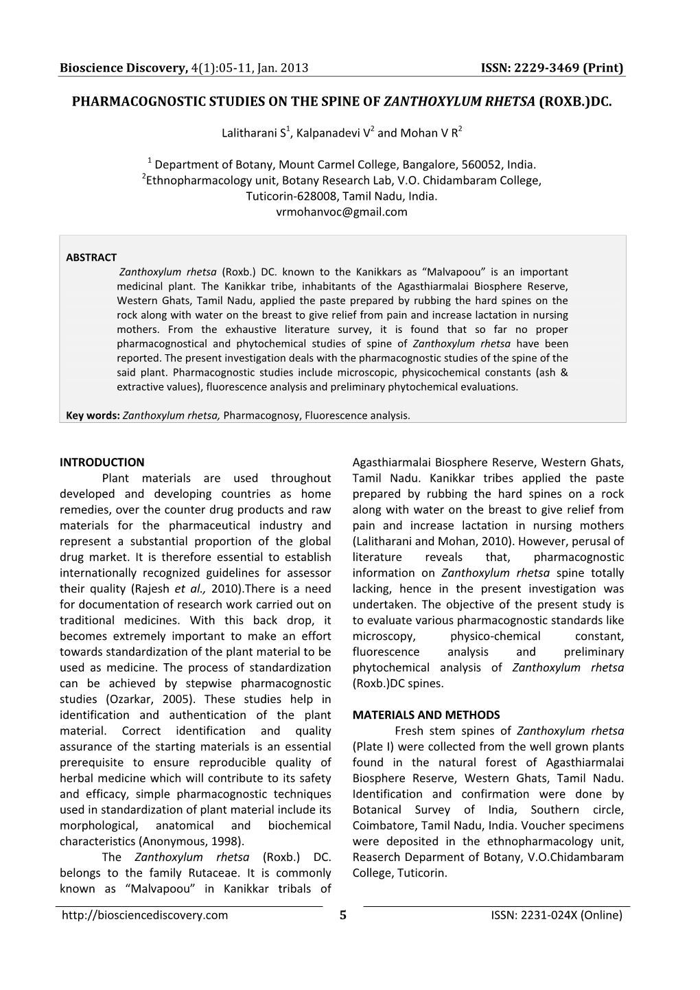 Pharmacognostic Studies on the Spine of Zanthoxylum Rhetsa (Roxb.)Dc