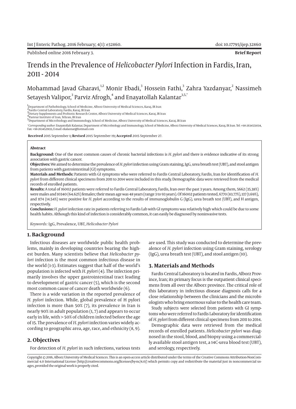 Trends in the Prevalence of Helicobacter