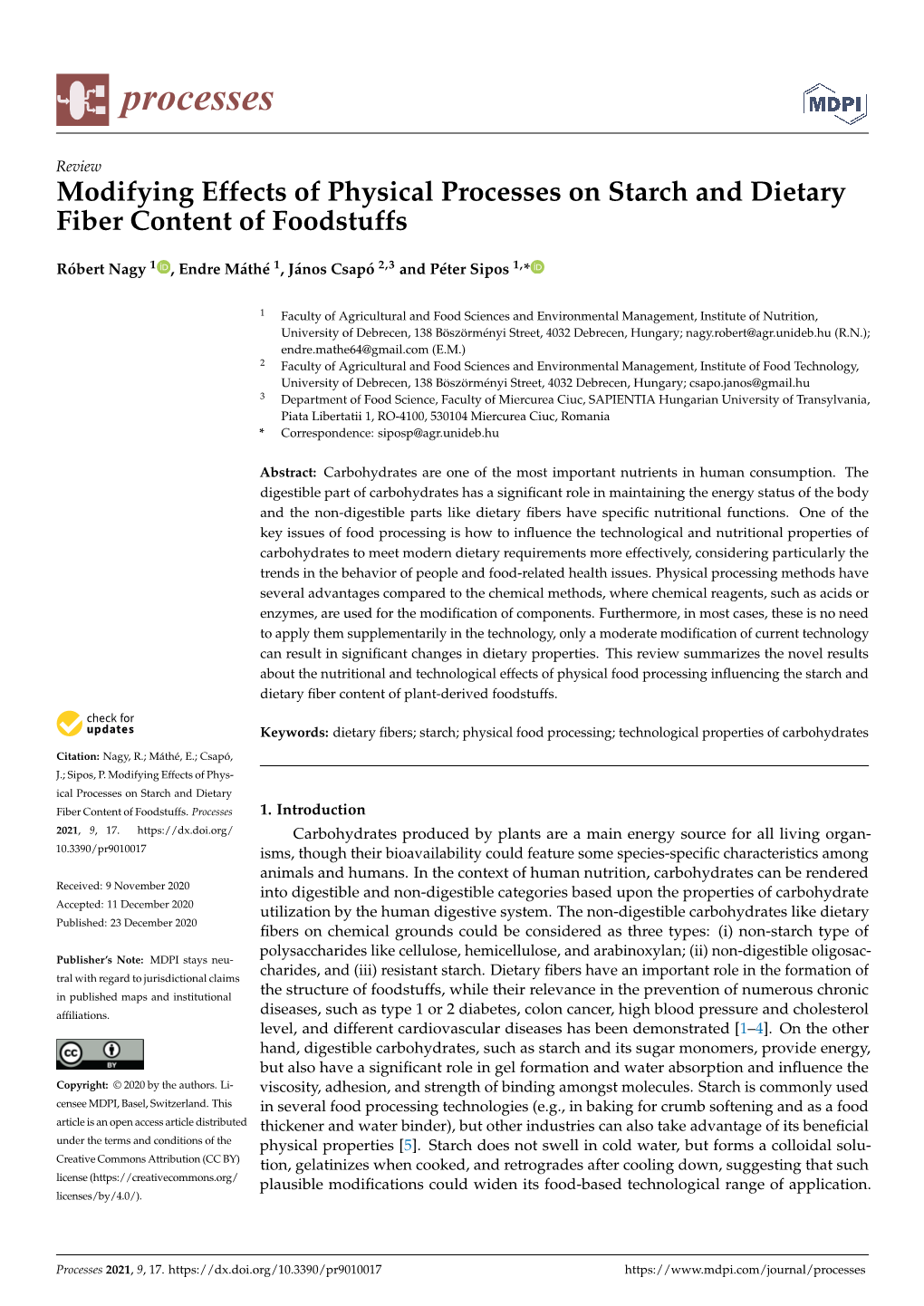 Modifying Effects of Physical Processes on Starch and Dietary Fiber Content of Foodstuffs