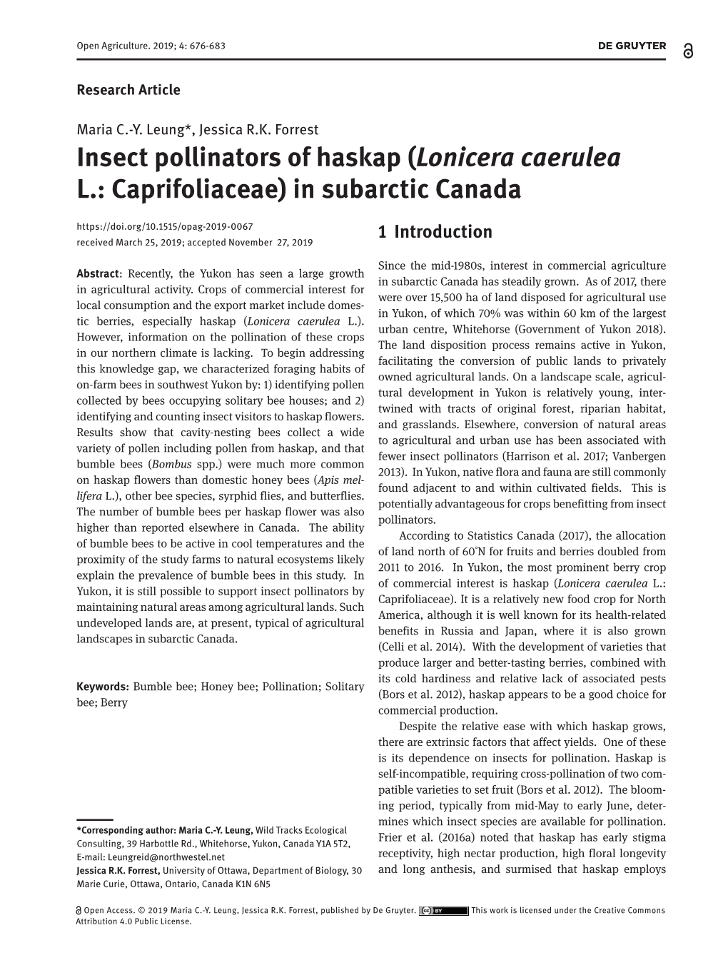 Insect Pollinators of Haskap ( Lonicera Caerulea L.: Caprifoliaceae)