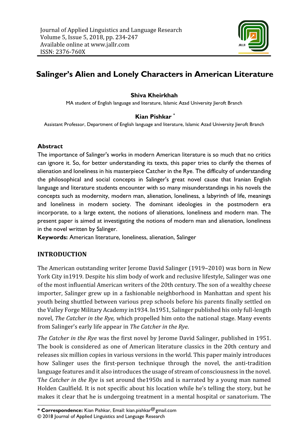 Salinger's Alien and Lonely Characters in American Literature