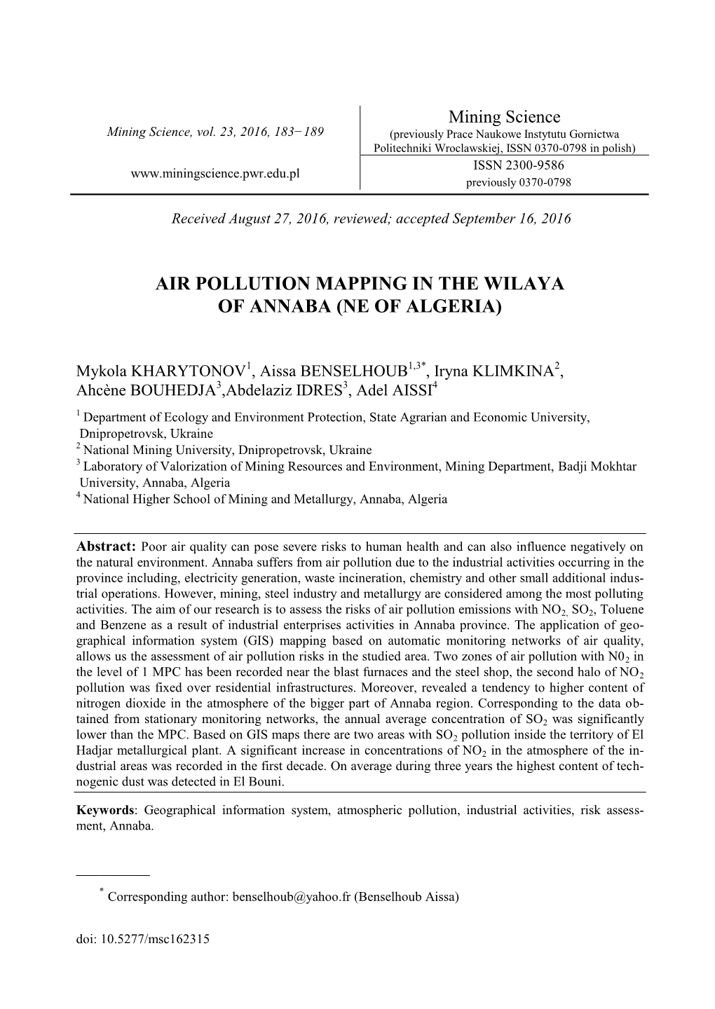 Air Pollution Mapping in the Wilaya of Annaba (Ne of Algeria)