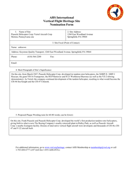 AHS International Vertical Flight Heritage Site Nomination Form