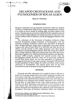 DECAPOD CRUSTACEANS and PYCNOGONIDS of ROCAS ALIJOS Mary K