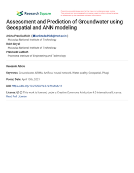 Assessment and Prediction of Groundwater Using Geospatial and ANN Modeling Ankita P. Dadhich1, Rohit Goyal1, Pran N. Dadhich2 1D