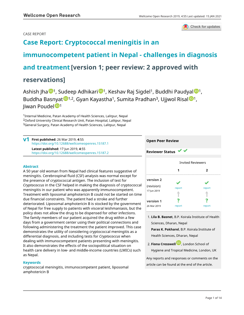 Cryptococcal Meningitis in an Immunocompetent Patient in Nepal - Challenges in Diagnosis and Treatment [Version 1; Peer Review: 2 Approved with Reservations]