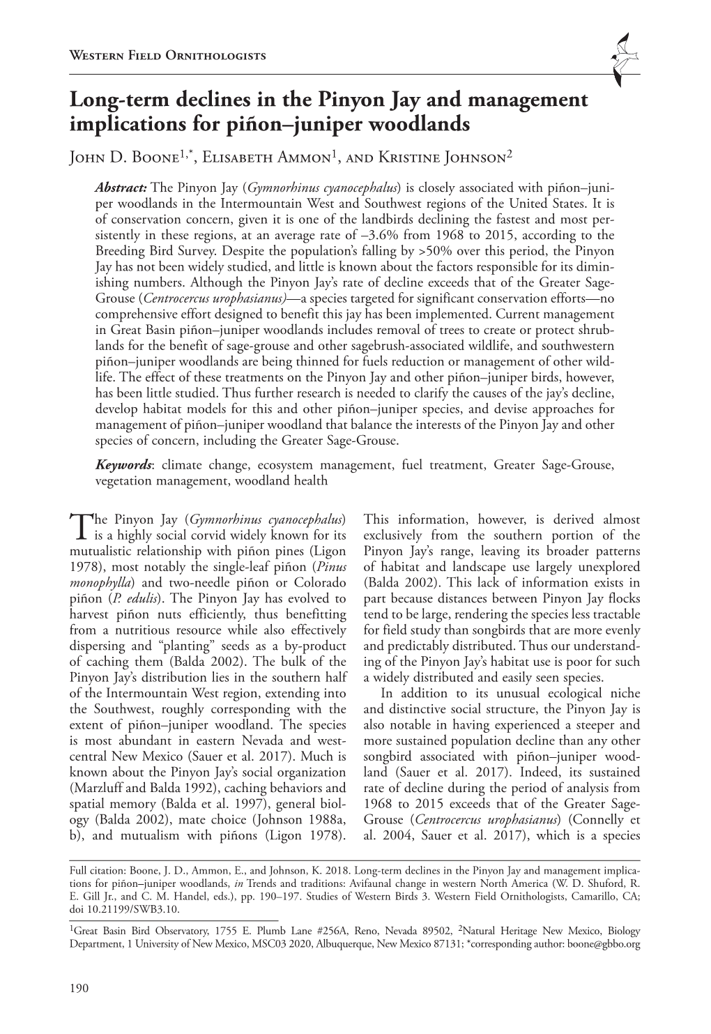 Long-Term Declines in the Pinyon Jay and Management Implications for Piñon–Juniper Woodlands John D