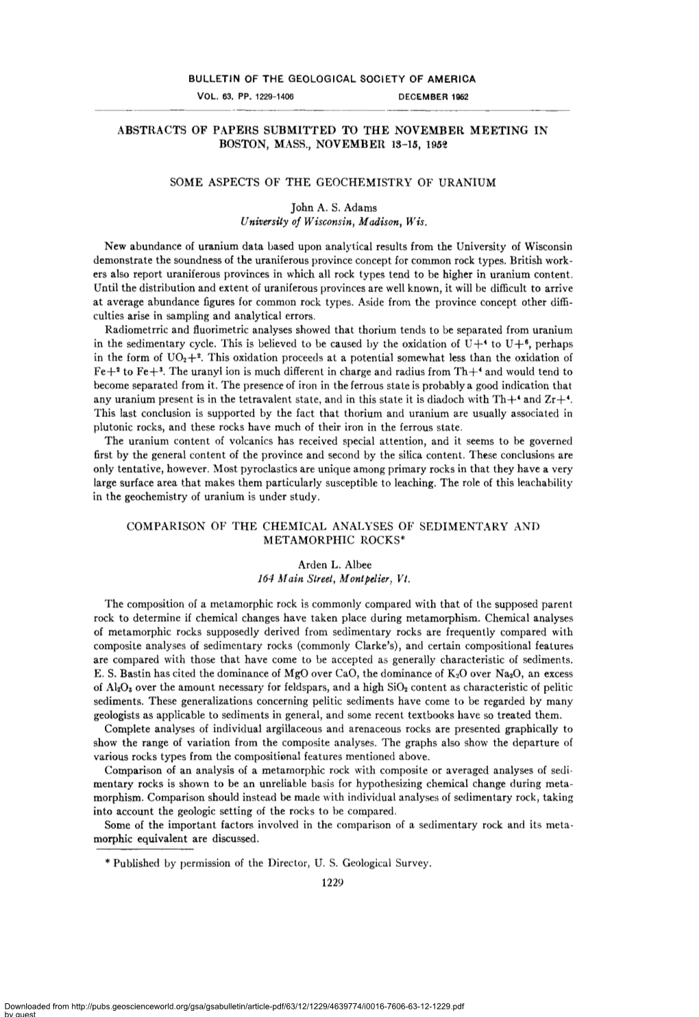 Bulletin of the Geological Society of America Vol. 63, Pp. 1229-1406 December 1952 Abstracts of Papers Submitted to the November