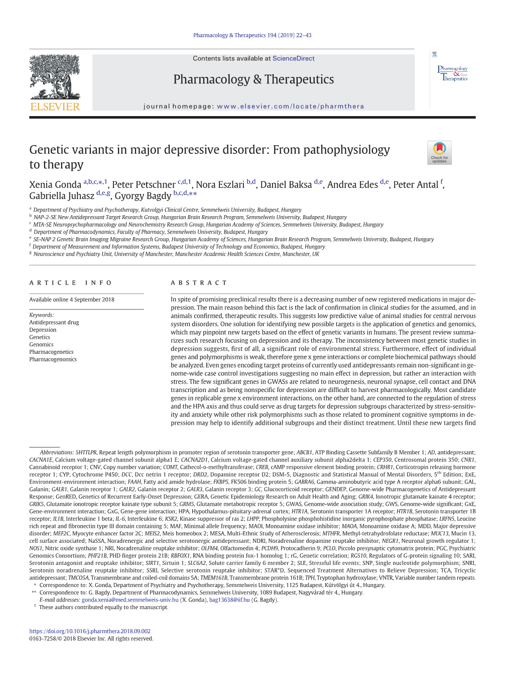 Genetic Variants in Major Depressive Disorder: from Pathophysiology to Therapy